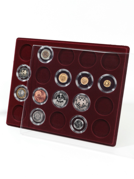  Планшет S (234х296х12 мм) для монет в капсулах d-44 мм (20 ячеек), тёмно-бордовый