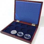 Деревянный футляр Volterra Smart (252х204х32 мм) для 11 монет в капсулах (диаметр 46 мм). Синий