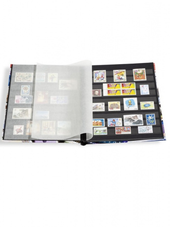 Альбом для марок (кляссер STAMP). A4. 16 листов (32 страницы) из чёрного картона с промежуточными листами из пергамина. Leuchtturm, 335032