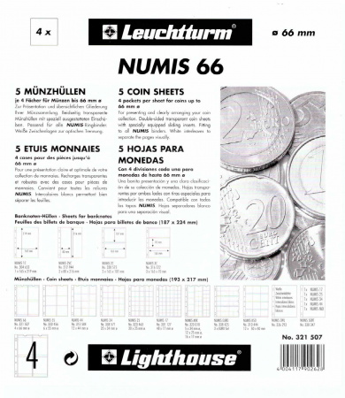 Лист-обложка для монет NUMIS 66 (193х217 мм) из прозрачного пластика на 4 ячейки (72х82 мм). Диаметр 66 мм. Упаковка из 5 листов. Leuchtturm, 321507