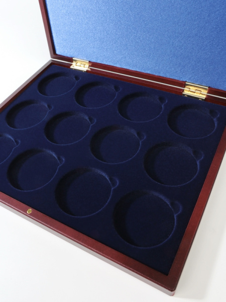 Футляр деревянный Volterra Uno (304х244х31 мм) на 12 монет в капсулах (диаметр 58 мм), тёмно-синий