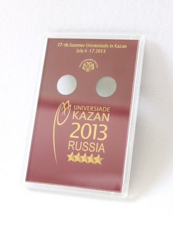 Буклет для хранения монет «XXVII Всемирная летняя Универсиада 2013 года в г. Казани», (русско-английский текст), Вид 1 (в пластике)