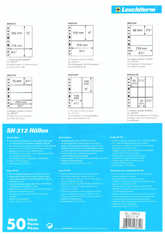 Листы-обложки GRANDE SH312-3C (242х312 мм) из тонкого прозрачного пластика на 3 ячейки (216х98 мм). Упаковка из 10 листов. Leuchtturm, 358074/10