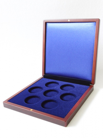 Деревянный футляр Volterra (190х196х32 мм) для 7 монет в капсулах (диаметр 44 мм). Синий