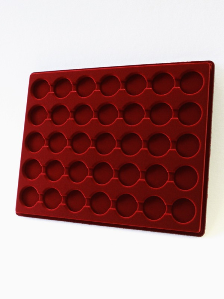 Планшет S (234х296х12 мм) для 35 монет в капсулах CAPS 26,5 и 27 Leuchtturm. Диаметр ячейки 33 мм, тёмно-бордовый  Планшет S (234х296х12 мм) для 35 монет в капсулах CAPS 26,5 и 27 Leuchtturm. Диаметр ячейки 33 мм, тёмно-бордовый