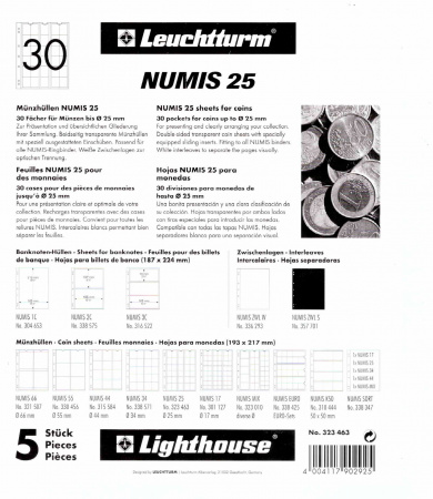 Лист-обложка для монет NUMIS 25 (193х217 мм) из прозрачного пластика на 30 ячеек (28х32 мм). Диаметр 25 мм. Leuchtturm, 323463/1