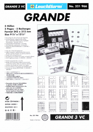 Лист-обложка GRANDE 3VC (242х312 мм) из прозрачного пластика на 3 вертикальные ячейки (68х306 мм). Leuchtturm, 321966/1