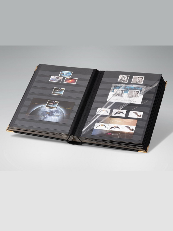 Альбом для марок (кляссер Royal-Line) из натуральной кожи, 16 листов (32 страницы), чёрный картон с промежуточными прозрачными листами. Зелёный. Prinz, 6116