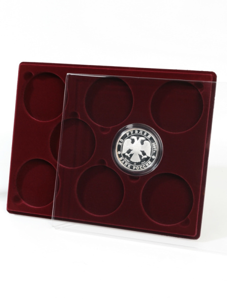  Планшет S (234х296х12 мм) для монет в капсулах d-74 мм (8 ячеек), тёмно-бордовый