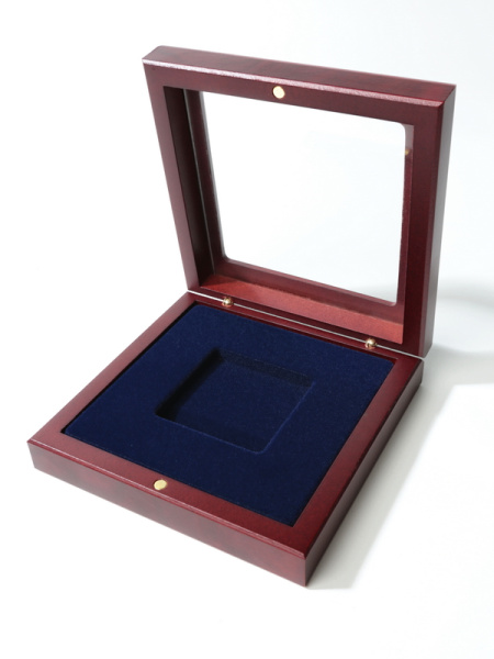 Деревянный футляр с прозрачным окном Volterra (120х120х34 мм) для монеты в капсуле Quadrum (50х50х6 мм), тёмно-синий