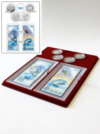 Планшет S (234х296х12 мм) для 2 банкнот Сочи-2014 в капсулах и 4 монет Сочи-2014 в капсулах (монеты располагаются в олимпийских кольцах)