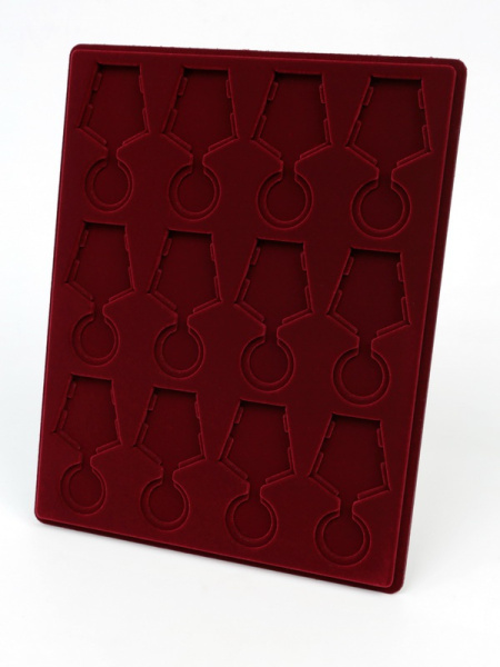 Планшет S (234х296х12 мм) на 12 медалей РФ d-32 мм с пятиугольной колодкой. Вертикальный, тёмно-бордовый