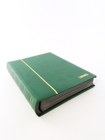 Альбом для марок (кляссер ELEGANT NUBUK). 30 листов (60 страниц) из чёрного картона с промежуточными прозрачными листами. Зелёный. Lindner, 1181
