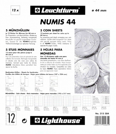 Лист-обложка для монет NUMIS 44 (193х217 мм) из прозрачного пластика на 12 ячеек (47х48 мм). Диаметр 44 мм. Leuchtturm, 315584/1