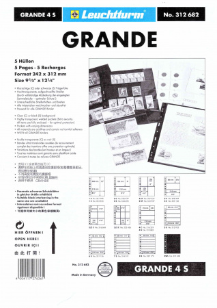 Листы-обложки GRANDE 4S (242х312 мм) двусторонние на 4 ячейки (216х72 мм). Упаковка из 5 листов. Leuchtturm, 312682