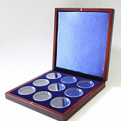 Деревянный футляр Volterra (190х196х32 мм) для 9 монет в капсулах (диаметр 46 мм). Синий