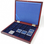 Деревянный футляр Volterra Smart (252х204х32 мм) для 20 монет в капсулах «Quadrum mini» (38х38х6,7 мм). Синий