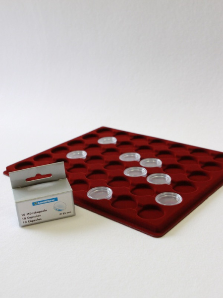 Планшет S (234х296х12 мм) для 42 монет в капсулах CAPS 25 Leuchtturm. Диаметр ячейки 32 мм, тёмно-бордовый  Планшет S (234х296х12 мм) для 42 монет в капсулах CAPS 25 Leuchtturm. Диаметр ячейки 32 мм, тёмно-бордовый