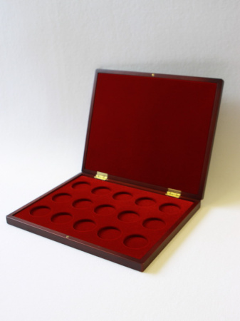 Футляр деревянный Volterra Uno (304х244х31 мм) на 15 монет в капсулах (диаметр 44 мм). Бордовый
