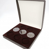 Футляр из искусственной кожи (190х190х50 мм) для 8 монет в капсулах (диаметр 46 мм). Шоколадный