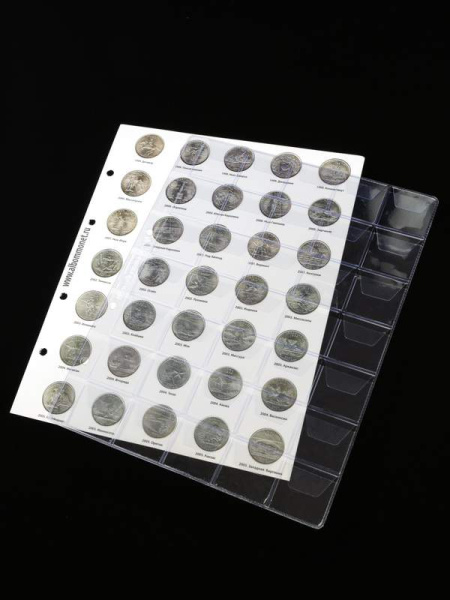 Комплект листов с информационными листами для 25-центовых монет США (1999-2011) Штаты и территории. Albommonet