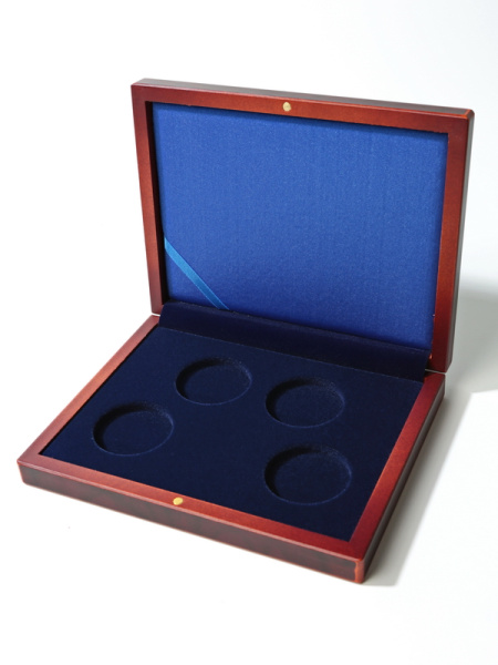 Деревянный футляр (194х149х32 мм) для 4 монет в капсулах (диаметр 46 мм), тёмно-синий