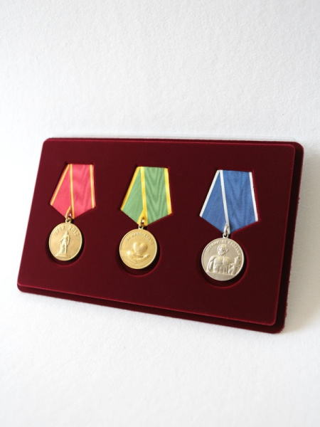 Планшет M (146х236х12 мм) на 3 медали РФ d-37 мм с пятиугольной колодкой, тёмно-бордовый Планшет M (146х236х12 мм) на 3 медали РФ d-37 мм с пятиугольной колодкой, тёмно-бордовый