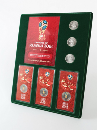 Планшет S (234х296х12 мм) для 3 монет 25 рублей и 3 монет 25 рублей в блистере «Футбол 2018» + Открытка. Предварительная жеребьевка